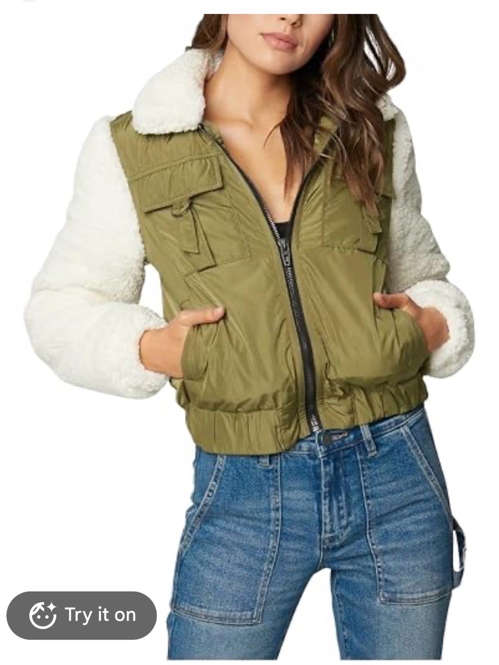 Blank NYC Olive Green Sherpa-Trim Bomber Jacket